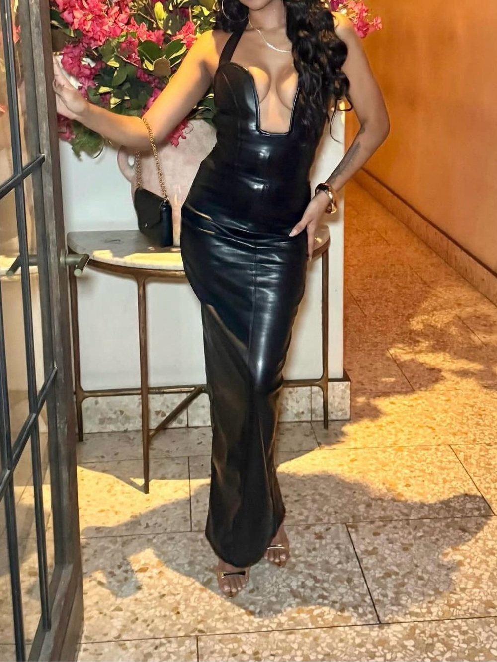 Sleek Black Faux Leather Halter Maxi Dress